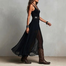 Load image into Gallery viewer, Black Mesh Strap Maxi Dress – V-Neck Pleated Long Dress
