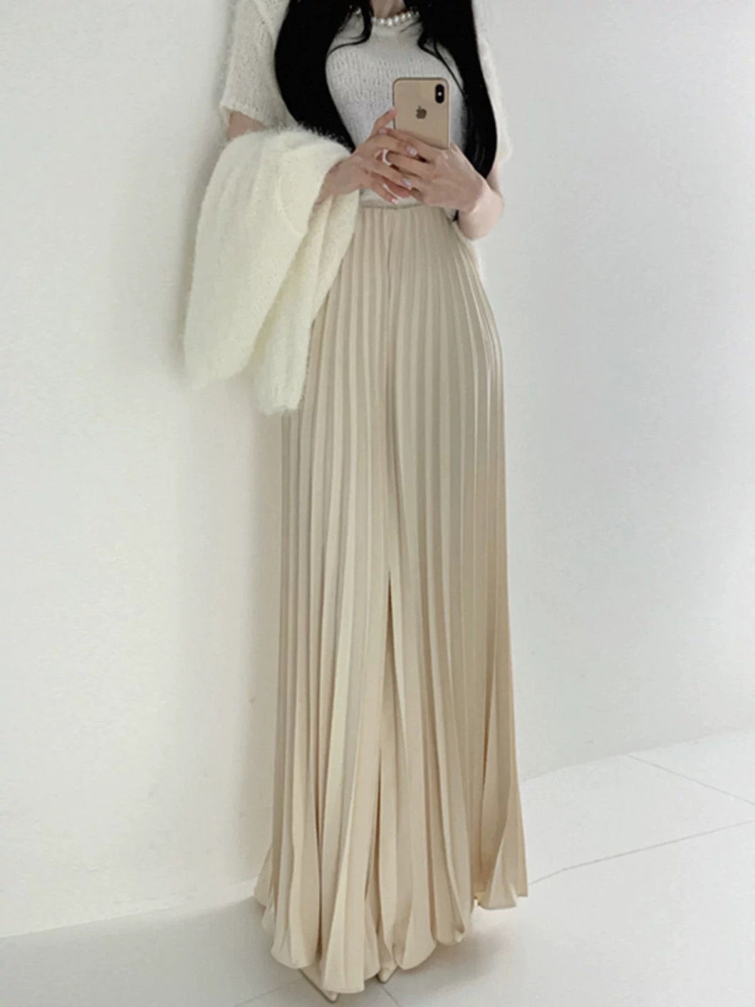 High Waist Slim White Pleated Casual Pants