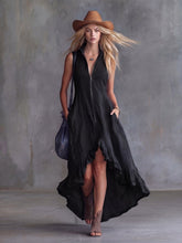 Load image into Gallery viewer, Lapel Collar Zip-Front Ruffle Hem Boho Dress
