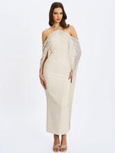 Load image into Gallery viewer, Quimera Almond Beaded Cape Halter Off-Shoulder Maxi Gown
