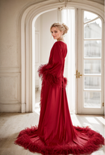 Load image into Gallery viewer, Luxury Thick Ostrich Feather Floor-Length Satin Robe with Train – Elegant Bridal Loungewear
