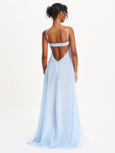 Load image into Gallery viewer, Wallie Baby Blue Rhinestone Embellished Mesh Backless Gown
