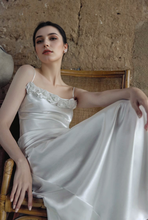 Load image into Gallery viewer, Vintage Rose-Trimmed Satin Slip Wedding Dress with Spaghetti Straps
