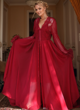 Load image into Gallery viewer, Ethereal Lace &amp; Feather-Trimmed Sheer Bridal Robe – Vintage Luxury Loungewear
