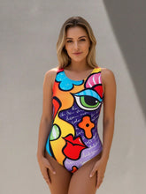 Load image into Gallery viewer, Pop Art Face Print One-Piece Swimsuit – Women's Bold Colorful Scoop Neck Swimwear
