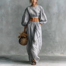 Load image into Gallery viewer, Women's Puff-Sleeve Crew-Neck Two-Piece Set with Pockets
