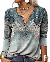 Load image into Gallery viewer, Women's Ethnic Print V-Neck Long Sleeve Loose T-Shirt
