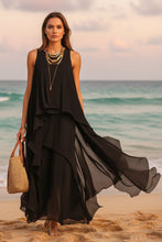 Load image into Gallery viewer, Black Asymmetrical Chiffon Maxi Dress – Flowy Sleeveless Boho A-Line Long Dress for Women
