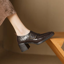 Load image into Gallery viewer, Women's British Style Square Toe Chunky Heel Pumps – Deep Vamp Studded
