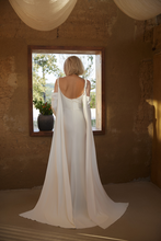 Load image into Gallery viewer, Minimalist Off-Shoulder Satin Wedding Gown with Detachable Sleeves and Elegant Train
