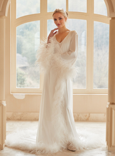 Load image into Gallery viewer, Luxury Thick Ostrich Feather Floor-Length Satin Robe with Train – Elegant Bridal Loungewear
