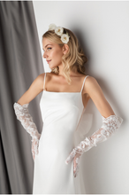 Load image into Gallery viewer, Minimalist Satin Wedding Dress with Delicate Bow Back &amp; Sheer Gloves
