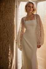 Load image into Gallery viewer, Minimalist Square Neck Wedding Dress with Sheer Embroidered Sleeves – Modern Bridal Elegance
