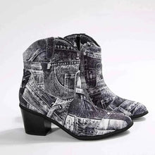 Load image into Gallery viewer, Demin Print : Point Toe Block Ankle Boots
