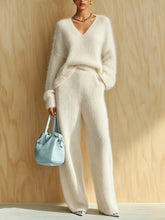 Load image into Gallery viewer, Women's Fluffy V-Neck Oversized Sweater &amp; Wide-Rib Wide-Leg Knit Trouser Set
