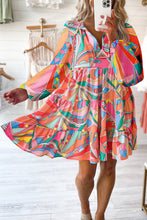 Load image into Gallery viewer, Multicolored Printed Long Sleeve Tie Neck Mini Dress Playful Statement Piece Charming Colored Dress
