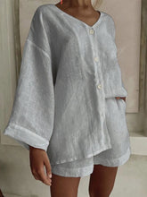Load image into Gallery viewer, Women's Cotton Linen Shirt &amp; Shorts Set – Long Sleeve, Button, Casual 2-Piece
