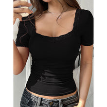 Load image into Gallery viewer, Women’s Y2K Lace Trim Slim Fit Tee – U-Neck Short Sleeve Top
