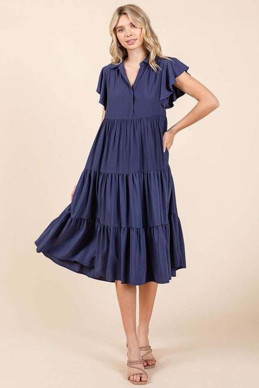 Ruffle Sleeve Collared V Neck Tiered Midi Dress For Women – Fluttering, Feminine and Polished Midi Dress with Layered Details For Any Occasion