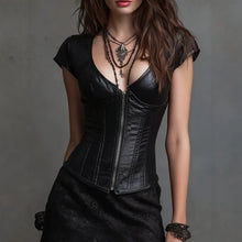 Load image into Gallery viewer, Women's Faux Leather Boned Corset Top – Zip-Front Deep V-Neck Waist Cinching Cap Sleeve

