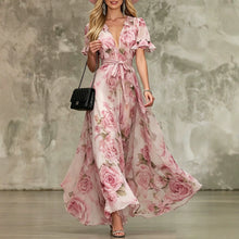 Load image into Gallery viewer, Women's Deep V-Neck Ruffle Sleeve Printed Maxi Dress – High Waist
