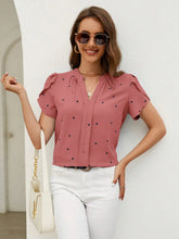 Load image into Gallery viewer, Women's V-Neck Heart Print Blouse – Petal Sleeve Pleated Front Elegant Top
