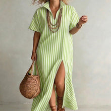 Load image into Gallery viewer, Women's Striped Slit Maxi Dress – V-Neck Short Sleeve

