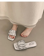 Load image into Gallery viewer, Minimalist Pleated Flat Slide Sandals – Square Toe Faux Leather
