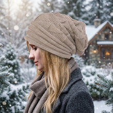 Load image into Gallery viewer, Wool Pleated Cuffed Knit Beanie – Flat Top Grid Pattern Winter Hat
