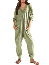 Load image into Gallery viewer, Women’s V-Neck Long Sleeve Solid Color Loose Jumpsuit With Two Side Pockets
