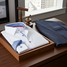 Load image into Gallery viewer, Edward// // Cotton Knit-Stretch Button-Up Shirt With Contrast Details // White // Tailored Fit (Fitted)
