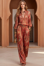 Load image into Gallery viewer, Women's Paisley Print Deep V Fringe Blouse &amp; Wide-Leg Palazzo Pants Set
