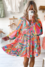 Load image into Gallery viewer, Multicolored Printed Long Sleeve Tie Neck Mini Dress Playful Statement Piece Charming Colored Dress

