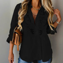 Load image into Gallery viewer, Women’s Contrast Lace Long-Sleeve Button‑Down Blouse
