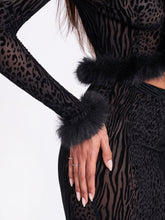 Load image into Gallery viewer, Hali Black Animal Print Burnout Velvet Fur Trim Top
