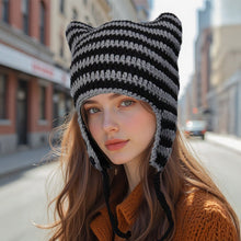 Load image into Gallery viewer, Women’s Hand Knitted Striped Cat Hat – Cute Warm Winter Beanie
