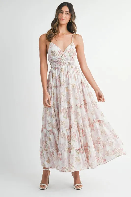 Floral Print Tiered Cami Maxi Summer Dress – Floral Maxi Dress, Tiered Maxi Dress, Cami Maxi Dress, Breezy Summer Dress, Bohemian Maxi Dress