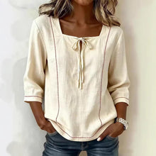 Load image into Gallery viewer, Printed Lace-Up Square-Neck Shirt – Three-Quarter Sleeve, Ramie
