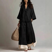 Load image into Gallery viewer, Women's Cotton-Linen V-Neck 3/4 Sleeve Shirt &amp; Wide-Leg Pants Set
