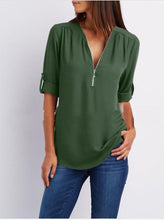 Load image into Gallery viewer, Women's Short-Sleeve Zip V-Neck Loose Top

