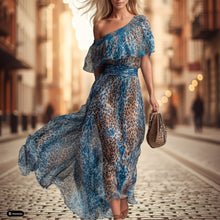 Load image into Gallery viewer, Peacock Blue Leopard Print Chiffon Off-Shoulder Dress – Boho A-Line
