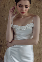 Load image into Gallery viewer, Vintage Rose-Trimmed Satin Slip Wedding Dress with Spaghetti Straps
