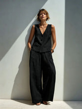 Load image into Gallery viewer, Linen Blend V-Neck Buttoned Vest &amp; High-Waist Wide-Leg Pants Set – 5 Colors S–3XL
