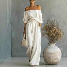 Load image into Gallery viewer, Women's Off-Shoulder Long-Sleeve Top &amp; Wide-Leg Pants Two-Piece Set
