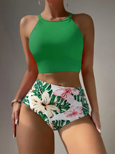 Load image into Gallery viewer, Island Bloom High Waist Bikini Set for Summer – Colorblock Tropical Print Two-Piece Swimsuit with Round Neckline Ultra-Stretch Fit &amp; Applique Detail – Stylish and Comfortable Women’s Swimwear for Pool Beach &amp; Summer Escapes
