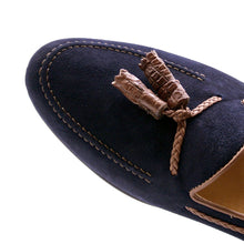 Load image into Gallery viewer, 16-584-NVY NAPLES Italian Kid Suede with Embossed Crocodile Tassel Loafer, Navy
