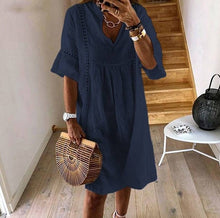 Load image into Gallery viewer, Women's V-Neck Flared Sleeve A-Line Mini Dress – Lace Stitching
