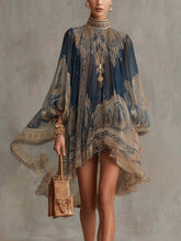 Load image into Gallery viewer, Navy Blue Printed Puff Sleeve Stand Collar Dress – Loose Boho Asymmetric Hem Dress for Women
