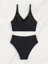 Load image into Gallery viewer, Bikini Solid Black Twist Front High Waist 2 Piece Swimsuit for Women – Stretchy V Neck Bikini Set with Ruched Tummy Control and Cross Strape Detail – Quick Drying Polyamide Swimwear for Beachwear Poolside and Summer Travel
