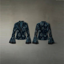 Load image into Gallery viewer, Women’s Retro Lace Panel V-Neck Blouse – Elegant Print Bell Sleeve Top for Spring &amp; Autumn Wear
